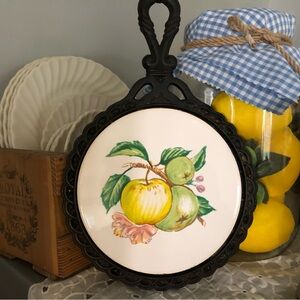 Vintage Cast Iron Ceramic Trivetu With Handle B B Stamp Circular Apples Leaves